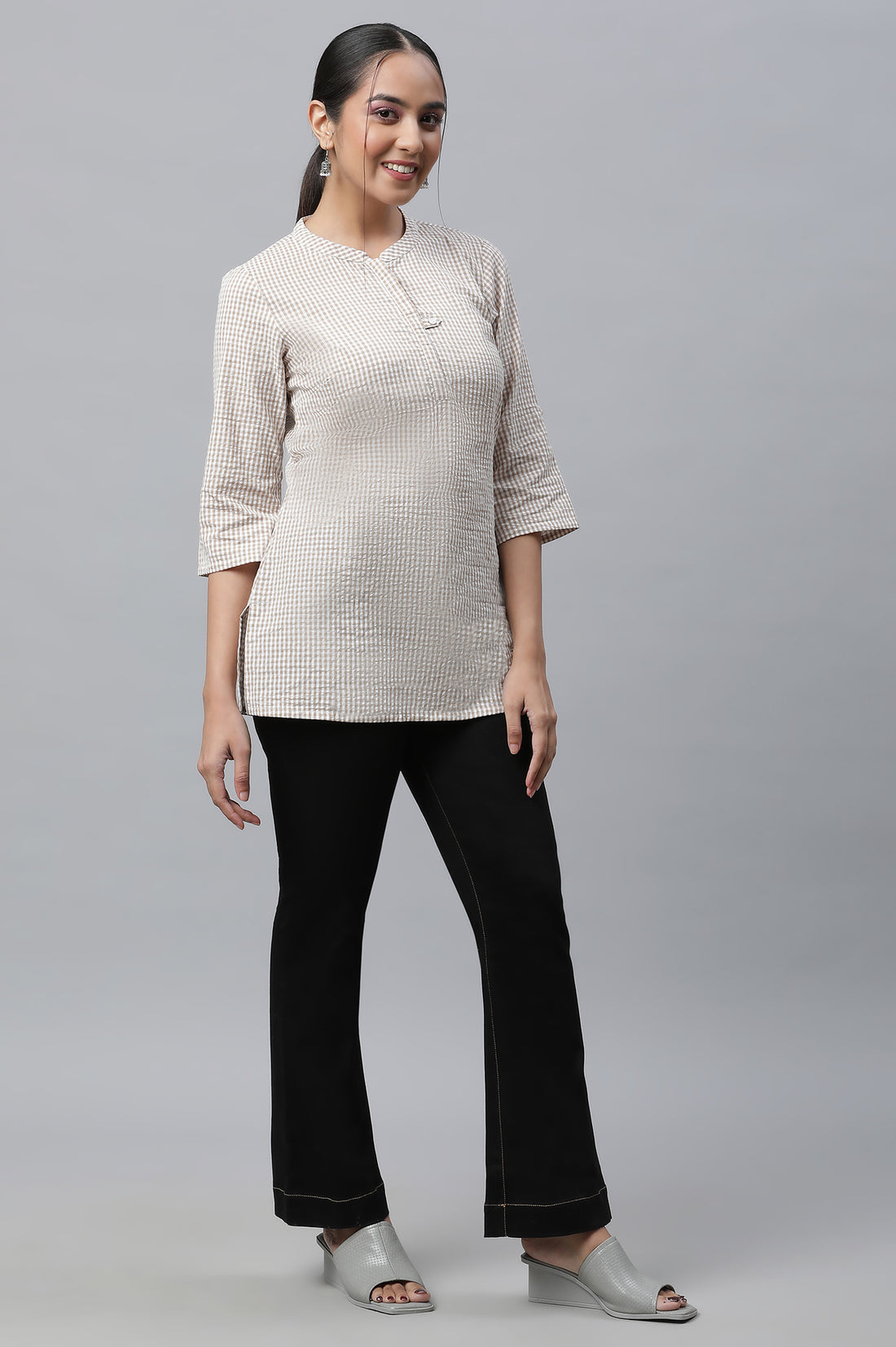 Beige Textured Cotton Checker Kurta