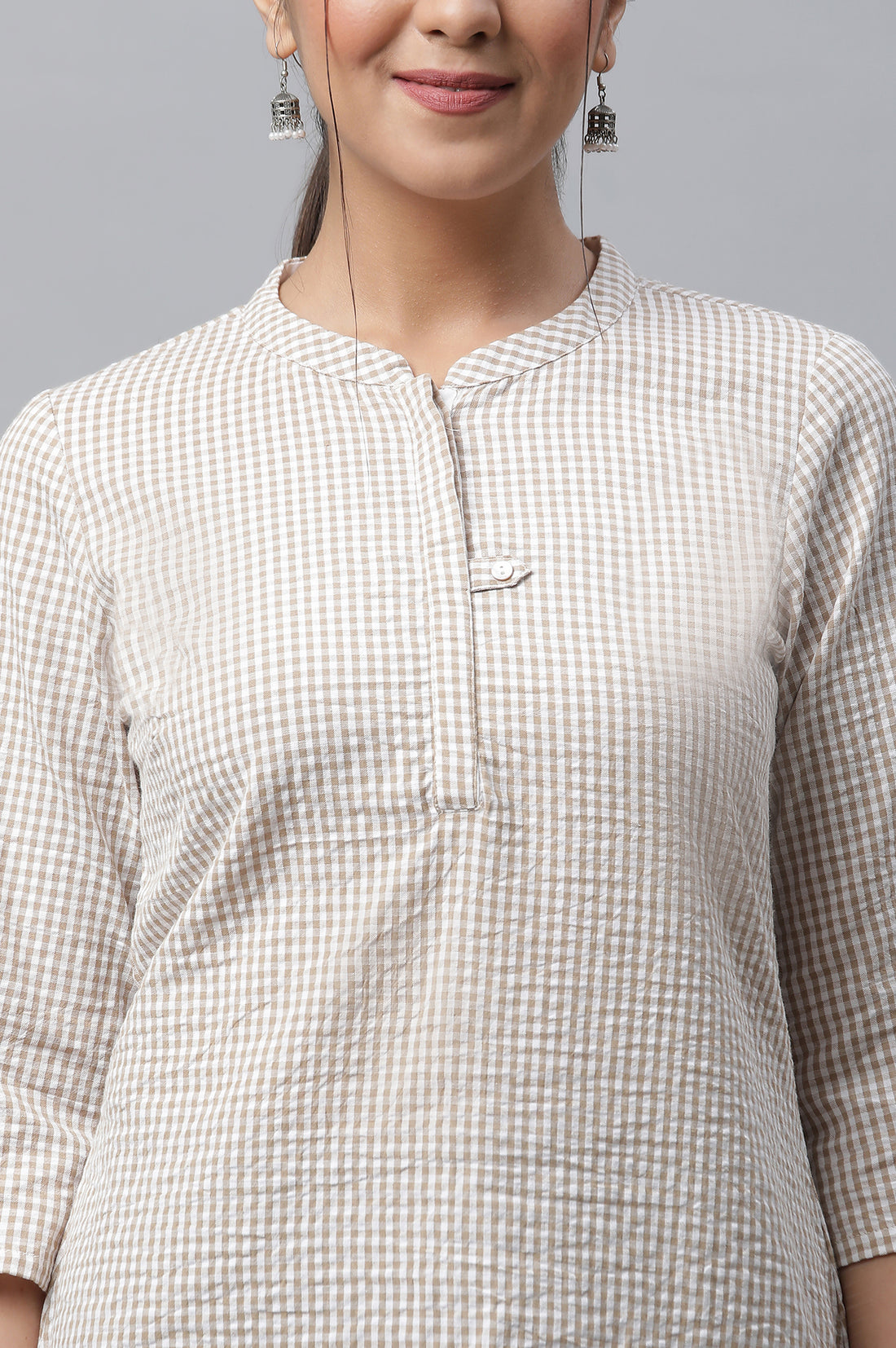 Beige Textured Cotton Checker Kurta
