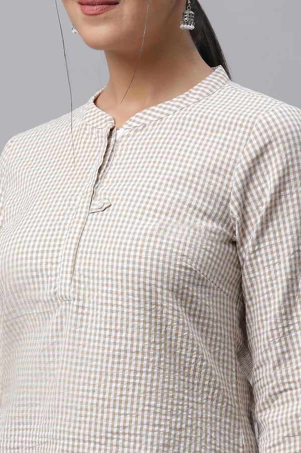 Beige Textured Cotton Checker Kurta
