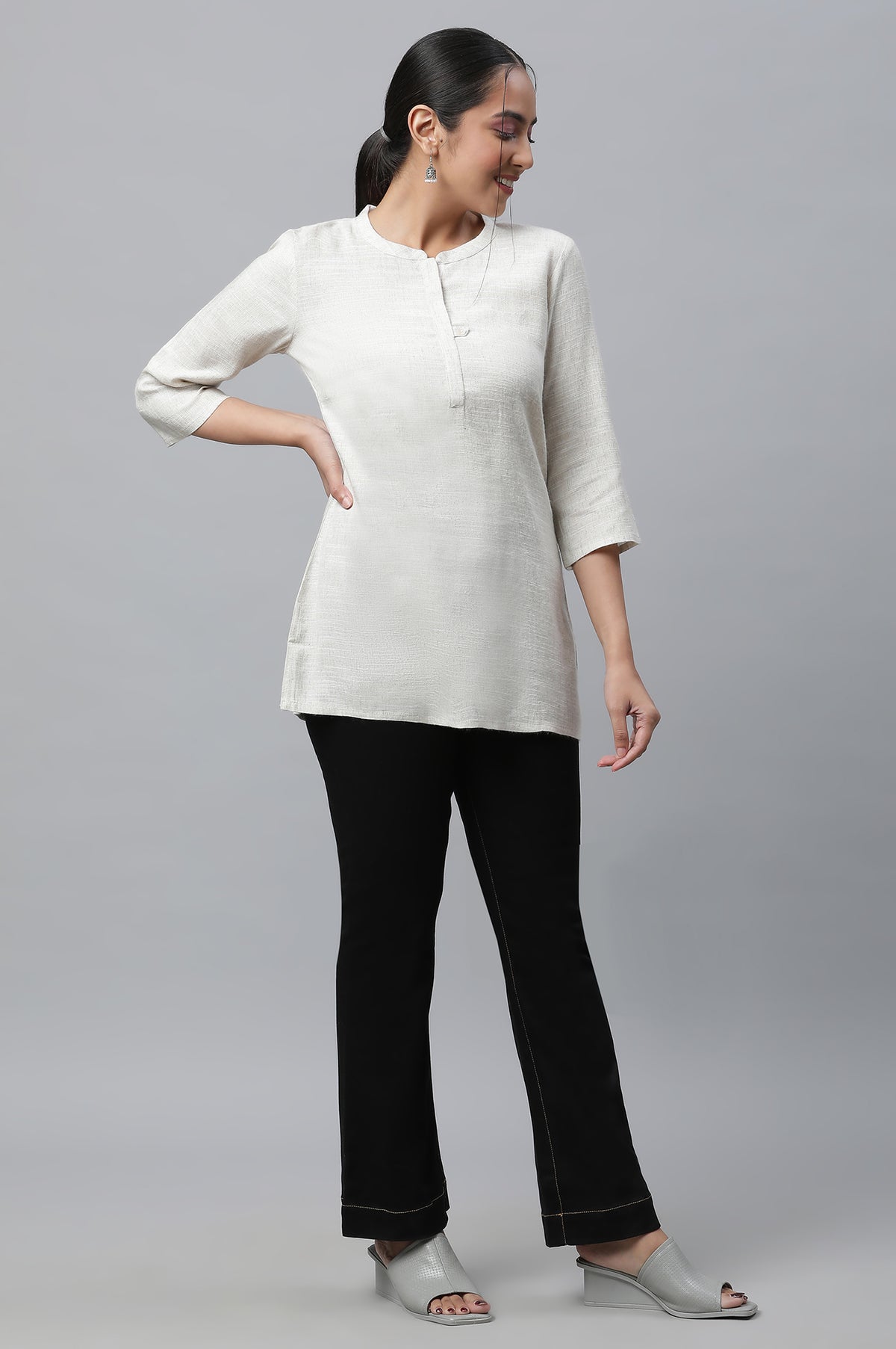 Khadi Beige Basic Straight Cotton Kurti - XS