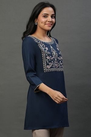 Blue Embroidered Short Kurti