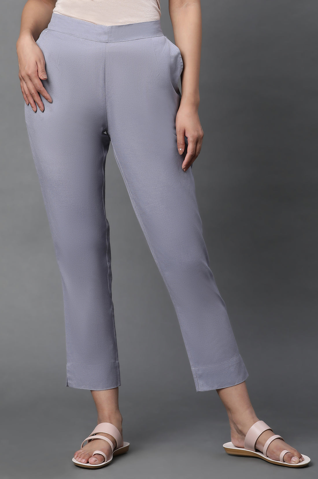 Grey Cotton Flax Straight Trouser Pants