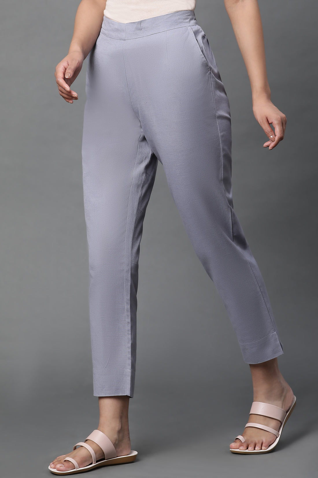 Grey Cotton Flax Straight Trouser Pants