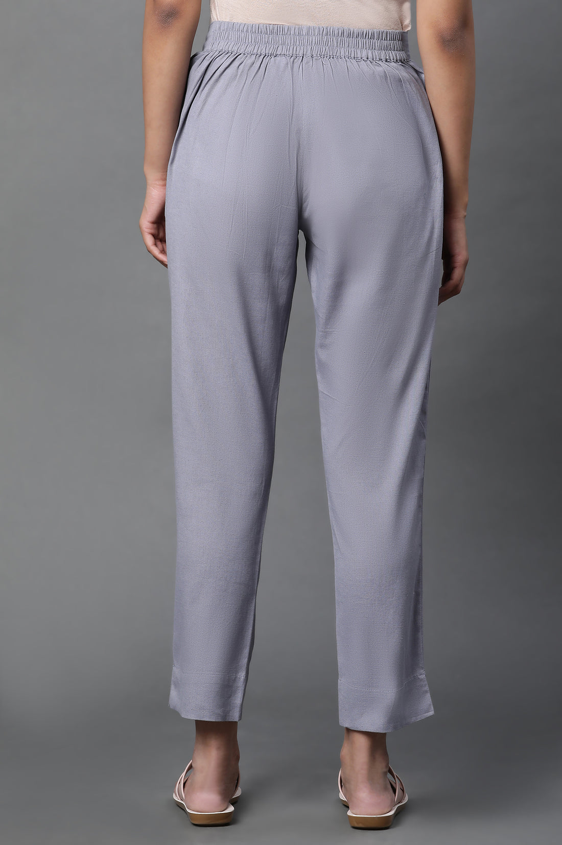 Grey Cotton Flax Straight Trouser Pants