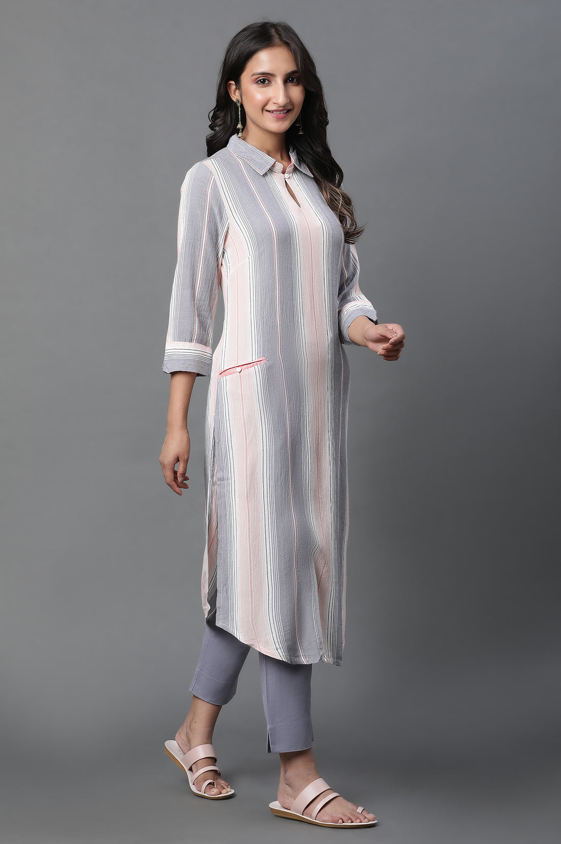 Grey Cotton Flax Straight Trouser Pants