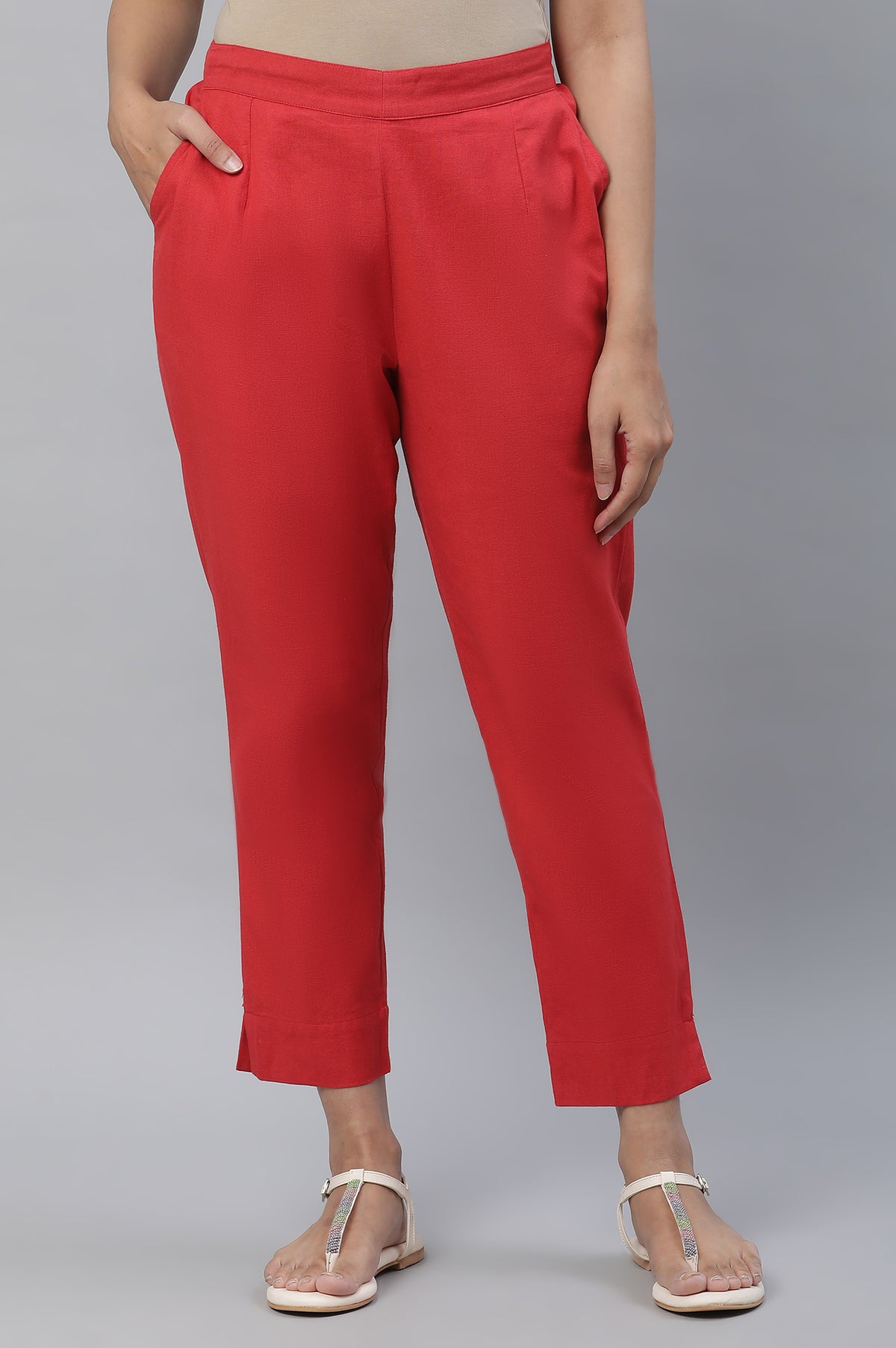 Red Cotton Flax Straight Trouser Pants - S