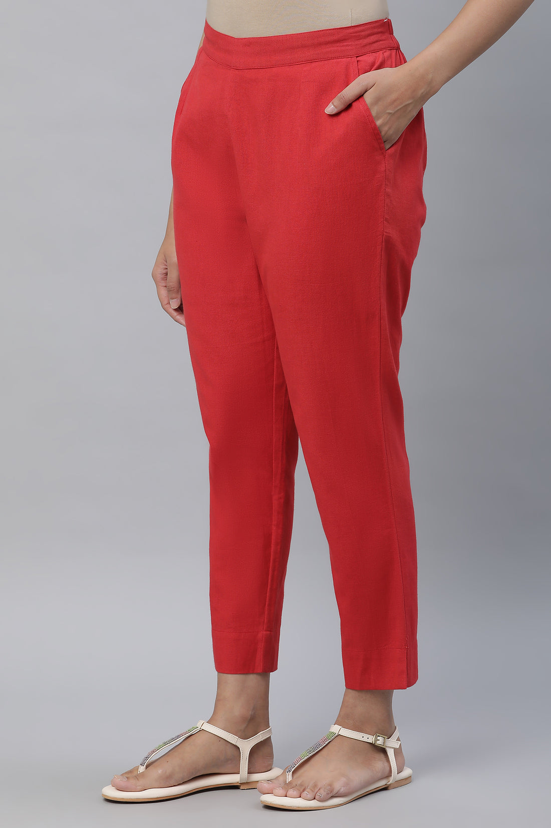 Red Cotton Flax Straight Trouser Pants