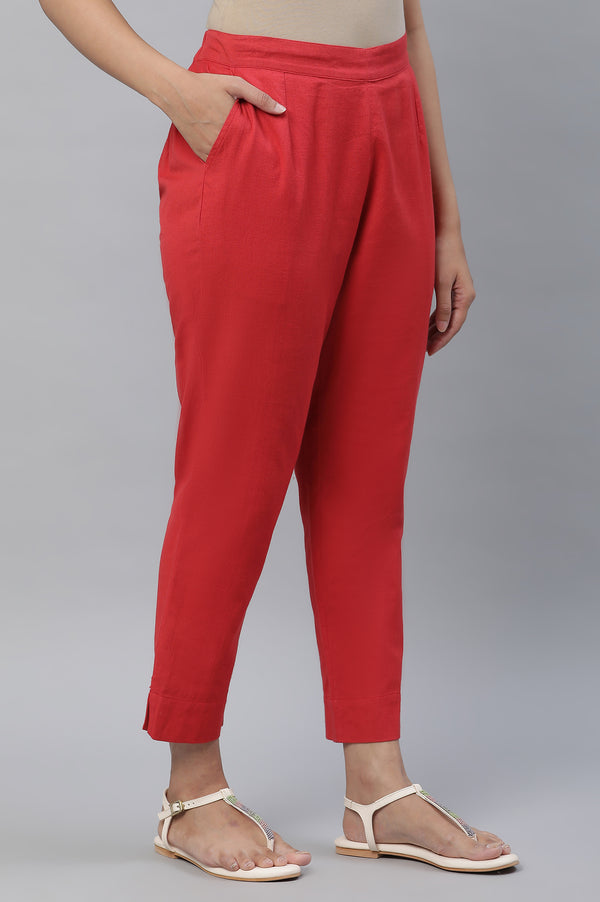 Red Cotton Flax Straight Trouser Pants