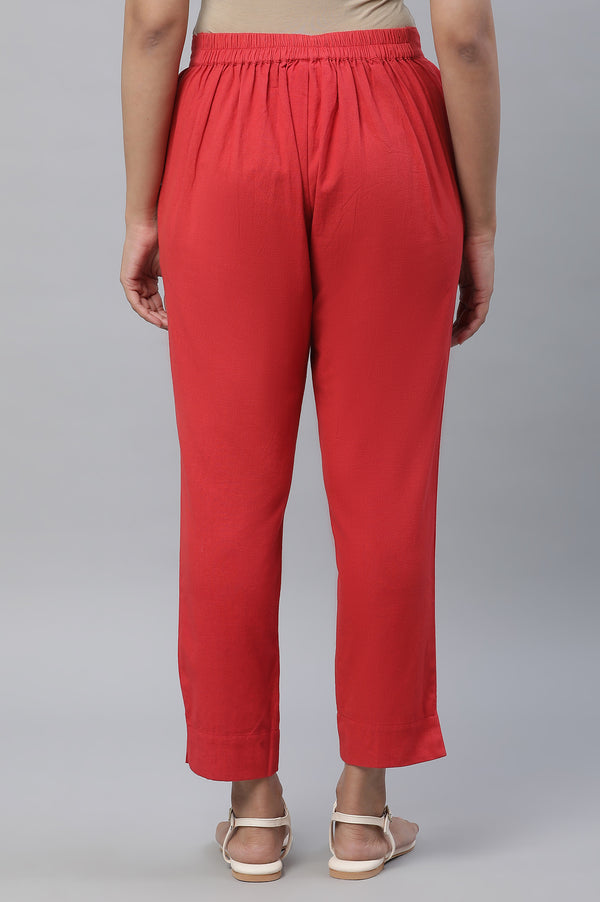 Red Cotton Flax Straight Trouser Pants
