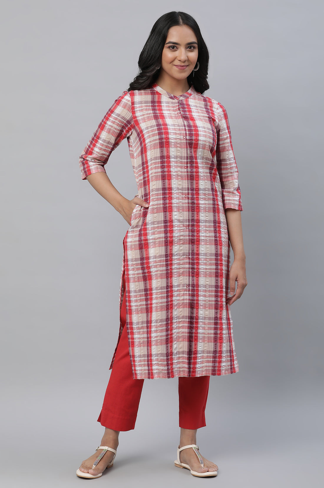 Red Cotton Flax Straight Trouser Pants