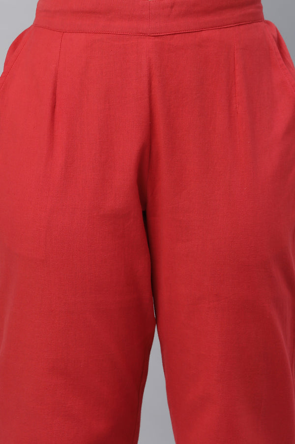 Red Cotton Flax Straight Trouser Pants