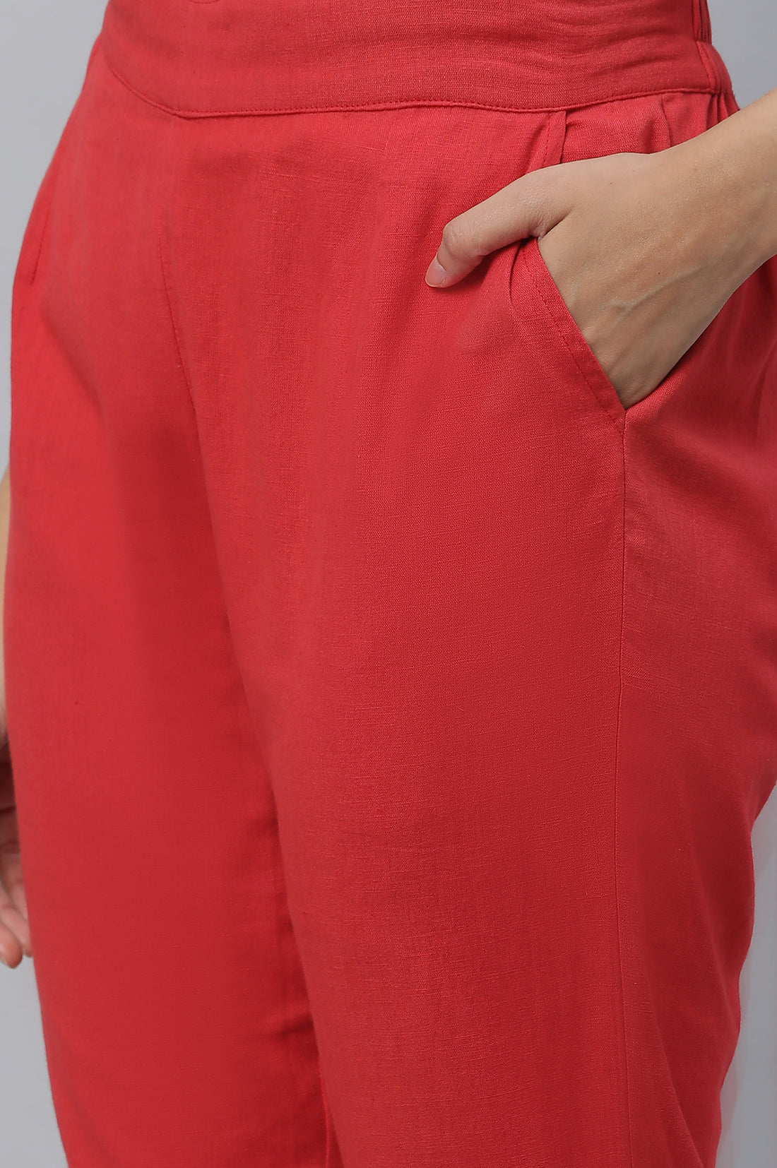 Red Cotton Flax Straight Trouser Pants