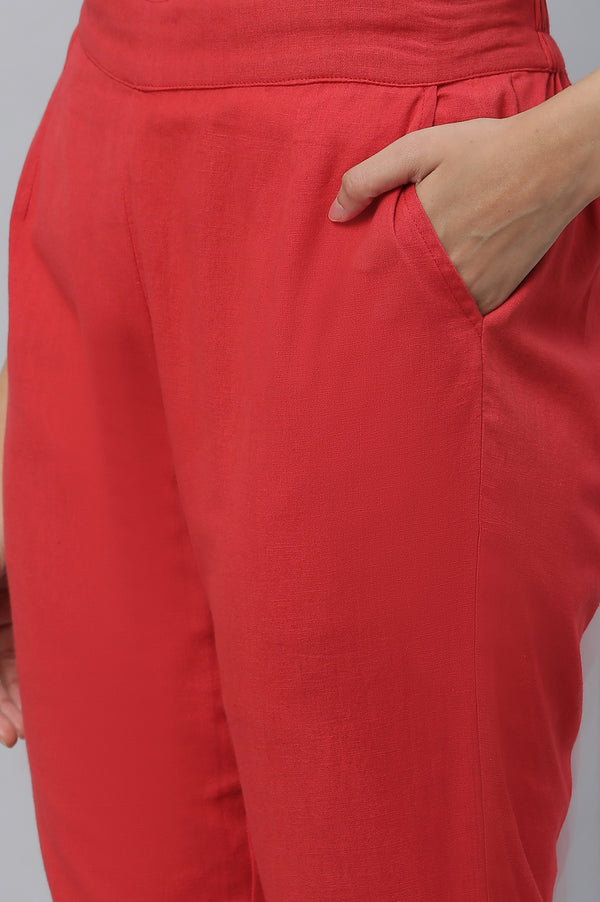 Red Cotton Flax Straight Trouser Pants