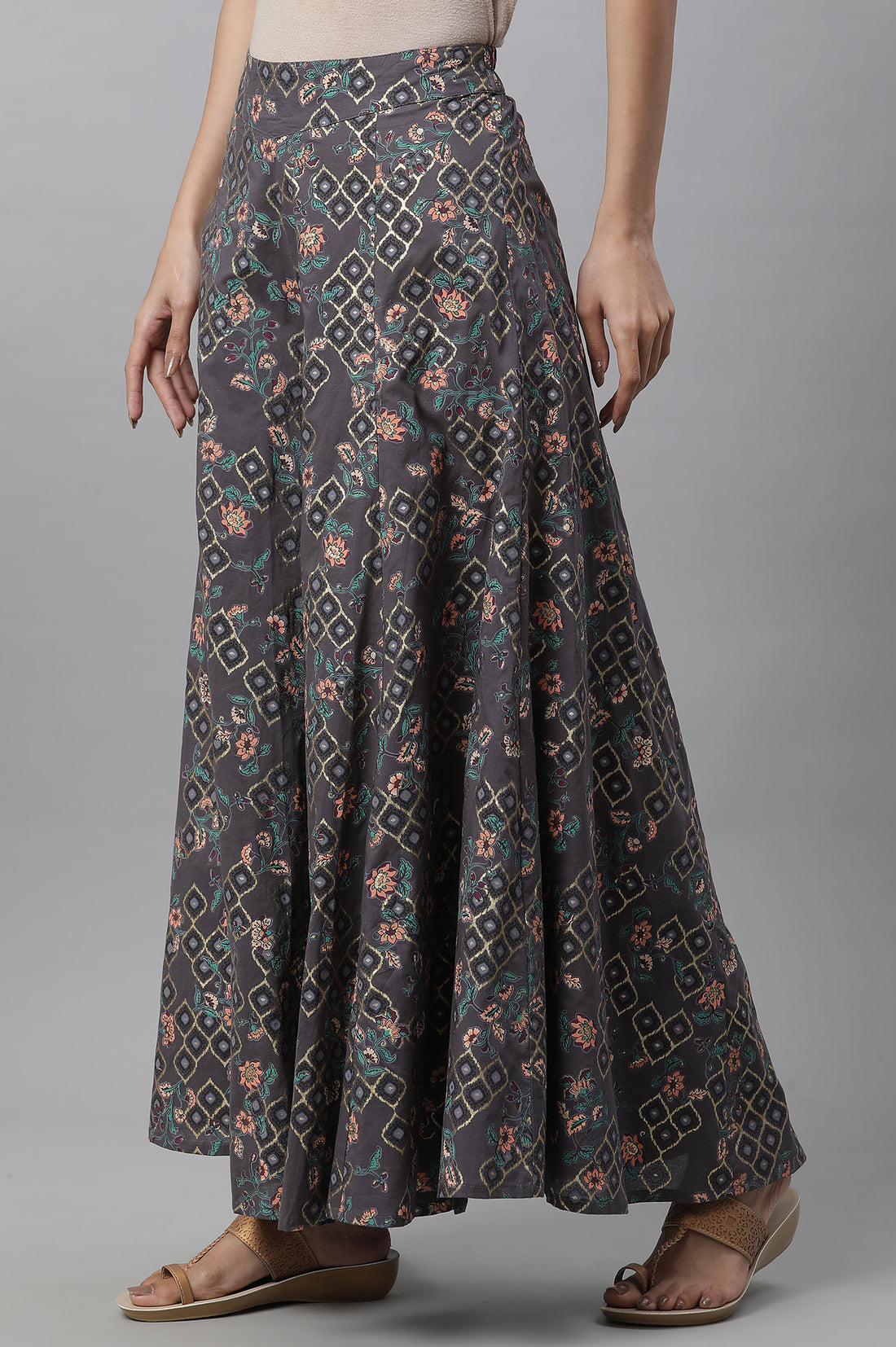 Grey Printed Semi-Flared Palazzo