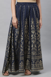Dark Blue Printed Flared Skirt