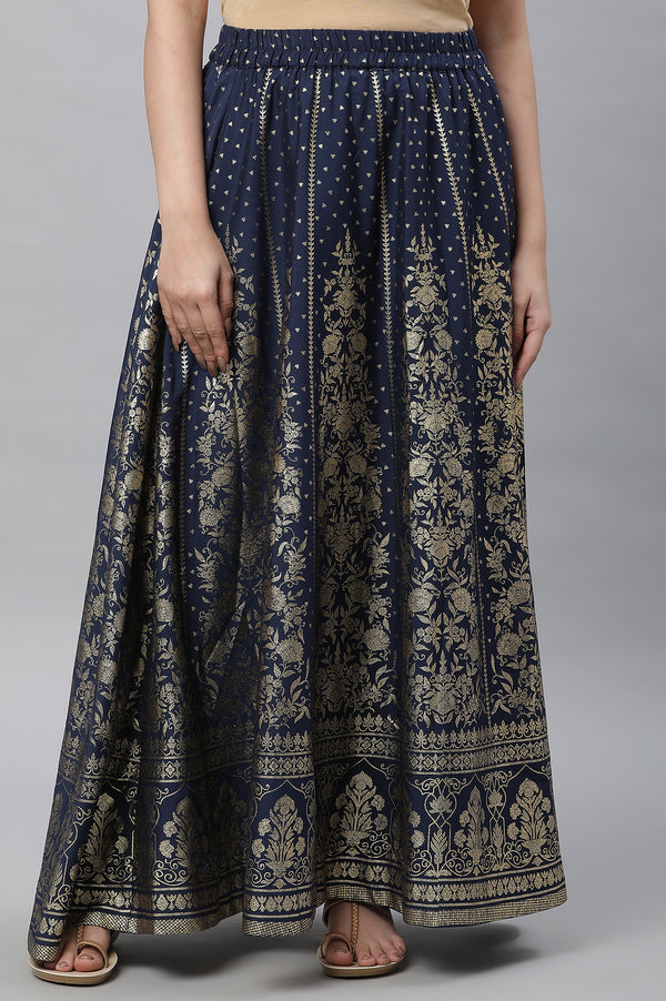 Dark Blue Printed Flared Skirt