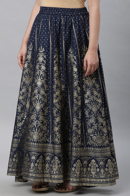 Dark Blue Printed Flared Skirt