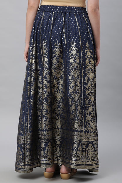 Dark Blue Printed Flared Skirt