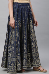Dark Blue Printed Flared Skirt
