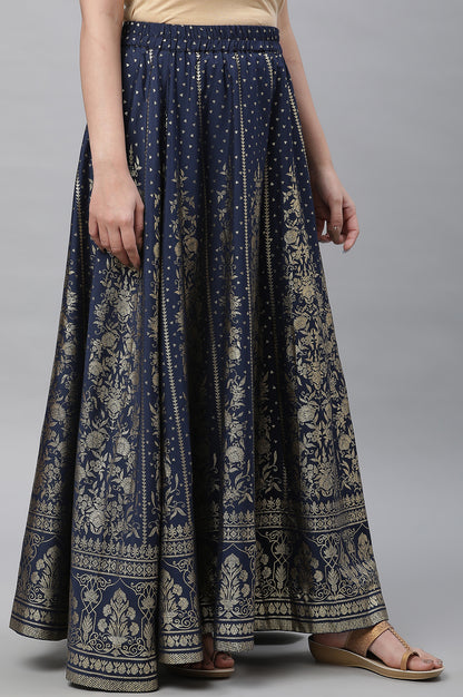 Dark Blue Printed Flared Skirt