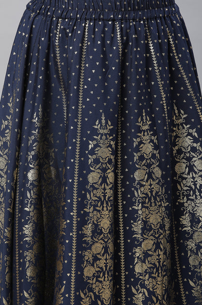 Dark Blue Printed Flared Skirt