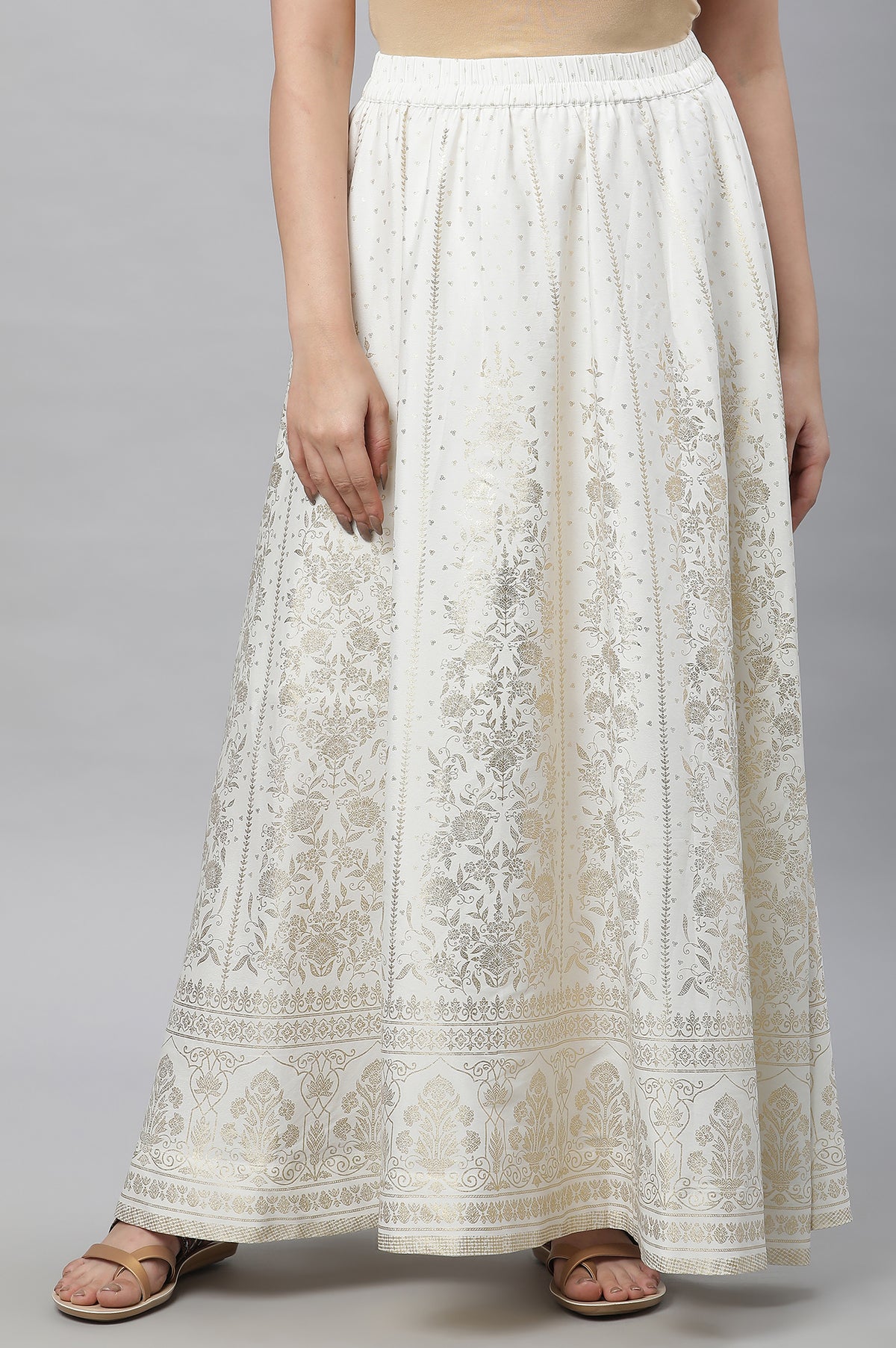 White Printed Flared Skirt - S
