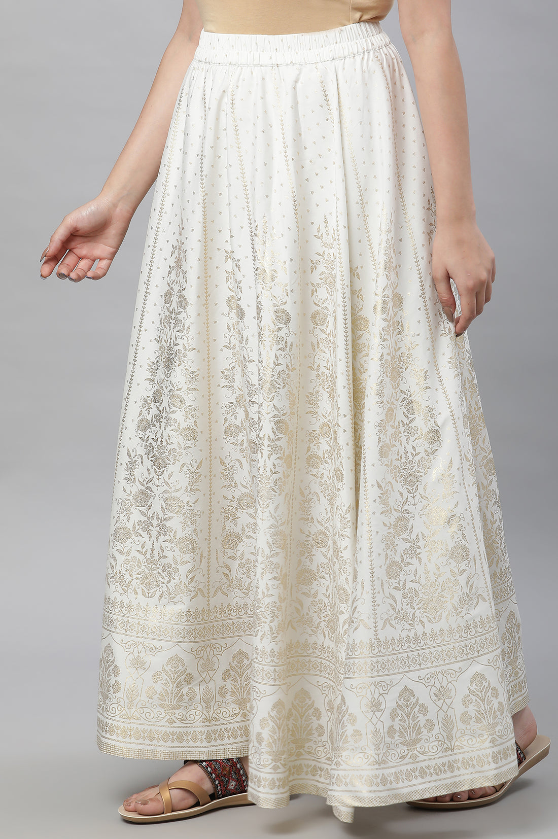 White Printed Flared Skirt