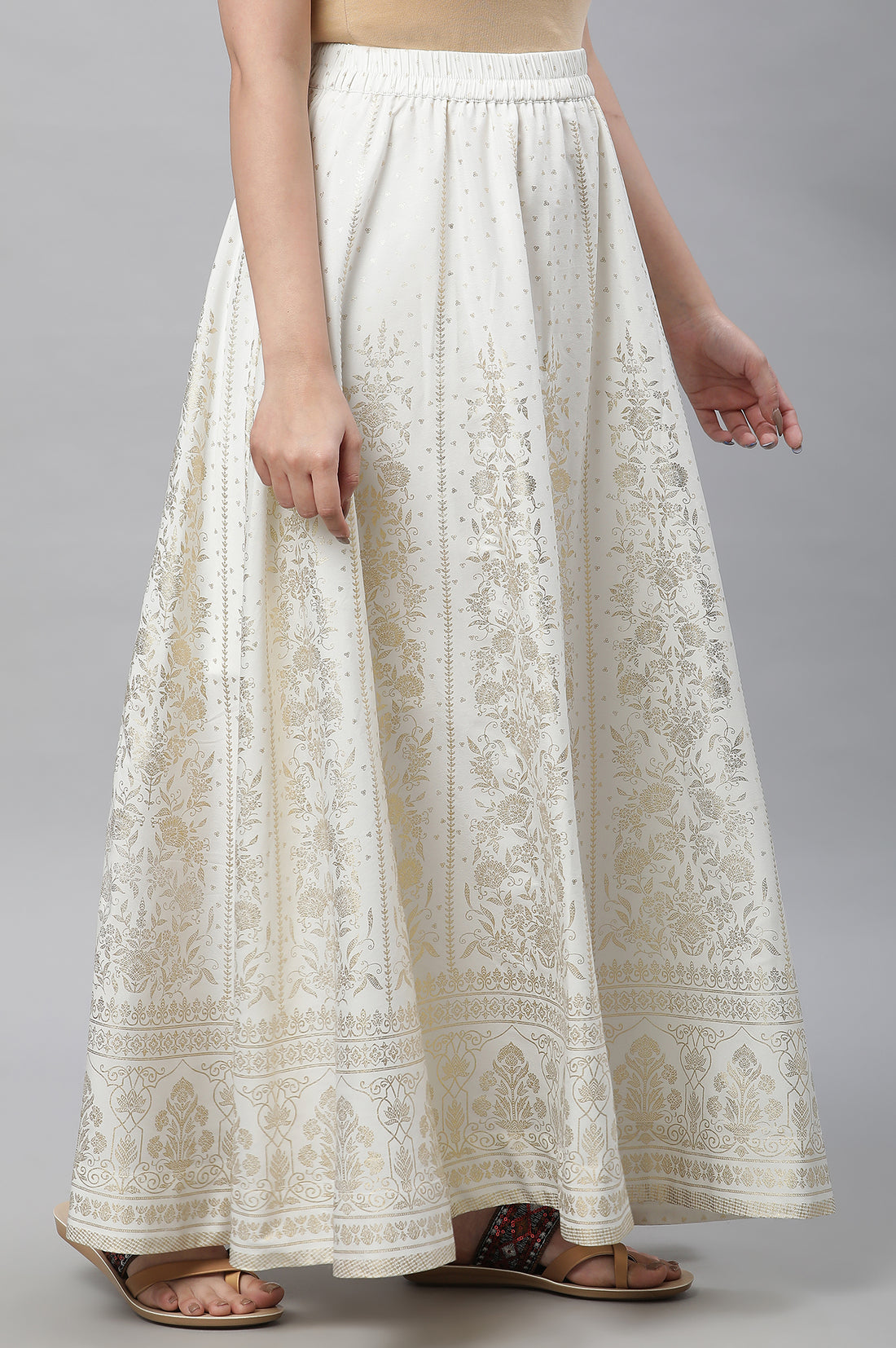 White Printed Flared Skirt