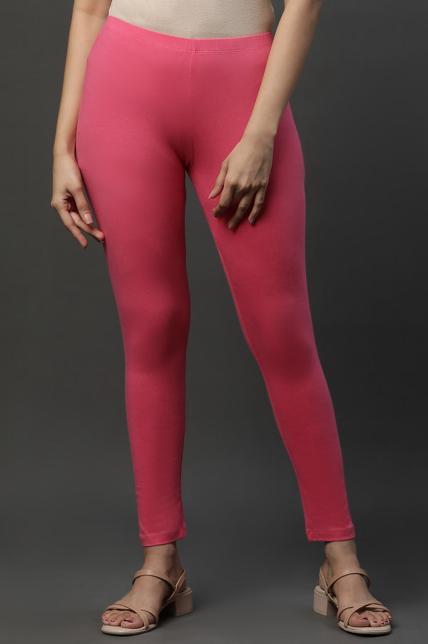 Pink Cotton Lycra Ankle Length Tights
