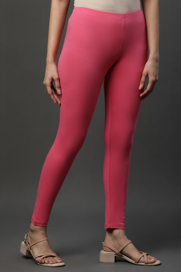 Pink Cotton Lycra Ankle Length Tights