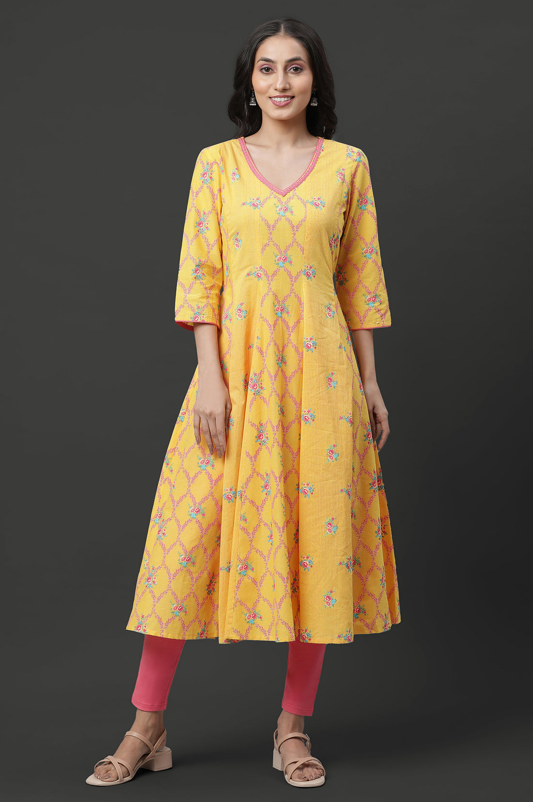 Pink Cotton Lycra Ankle Length Tights