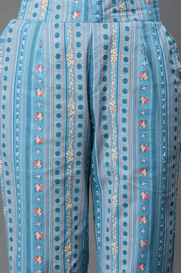 Blue Thread Work Cotton Blend Straight Kurta and Palazzo Set