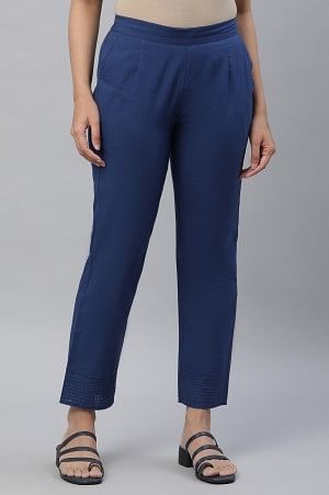 Blue Cotton Flax Trouser Pants