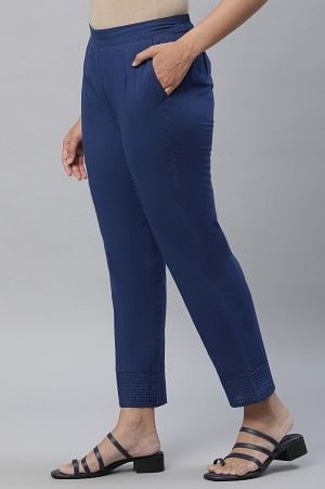 Blue Cotton Flax Trouser Pants