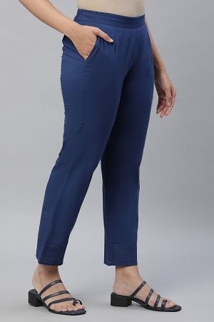 Blue Cotton Flax Trouser Pants