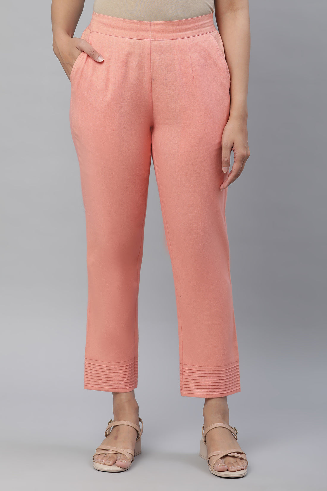 Buy Peach Cotton Flax Trouser Pants Online for Woman Shop for