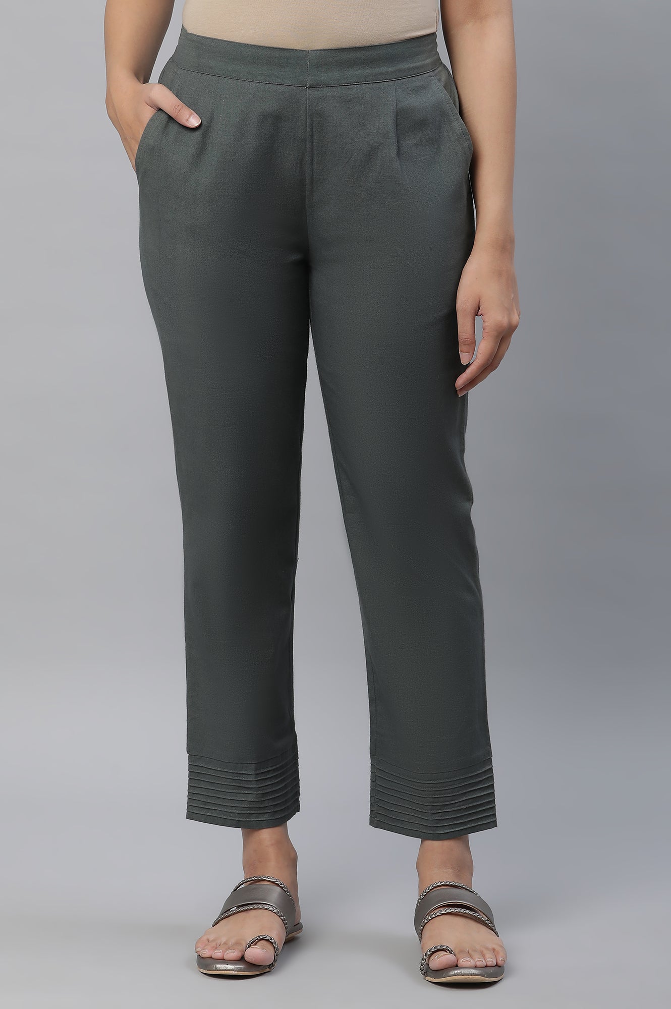 Green Cotton Flax Trouser Pants