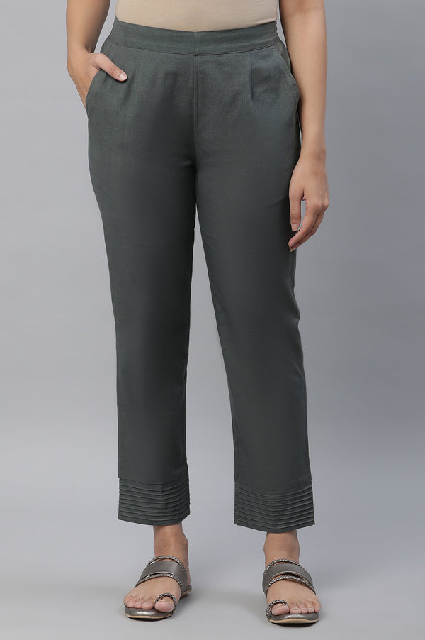 Green Cotton Flax Straight Trouser Pants