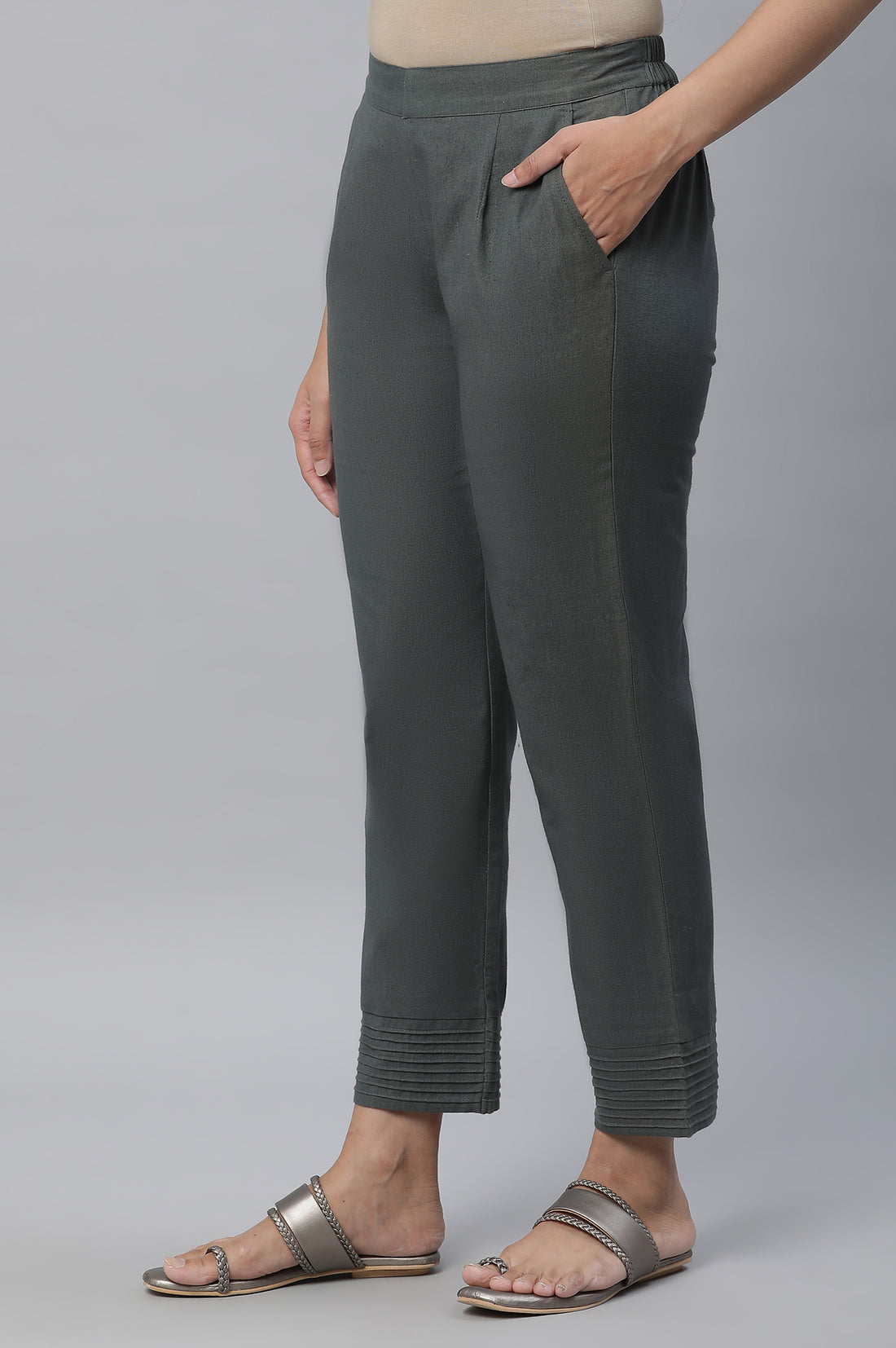 Green Cotton Flax Straight Trouser Pants