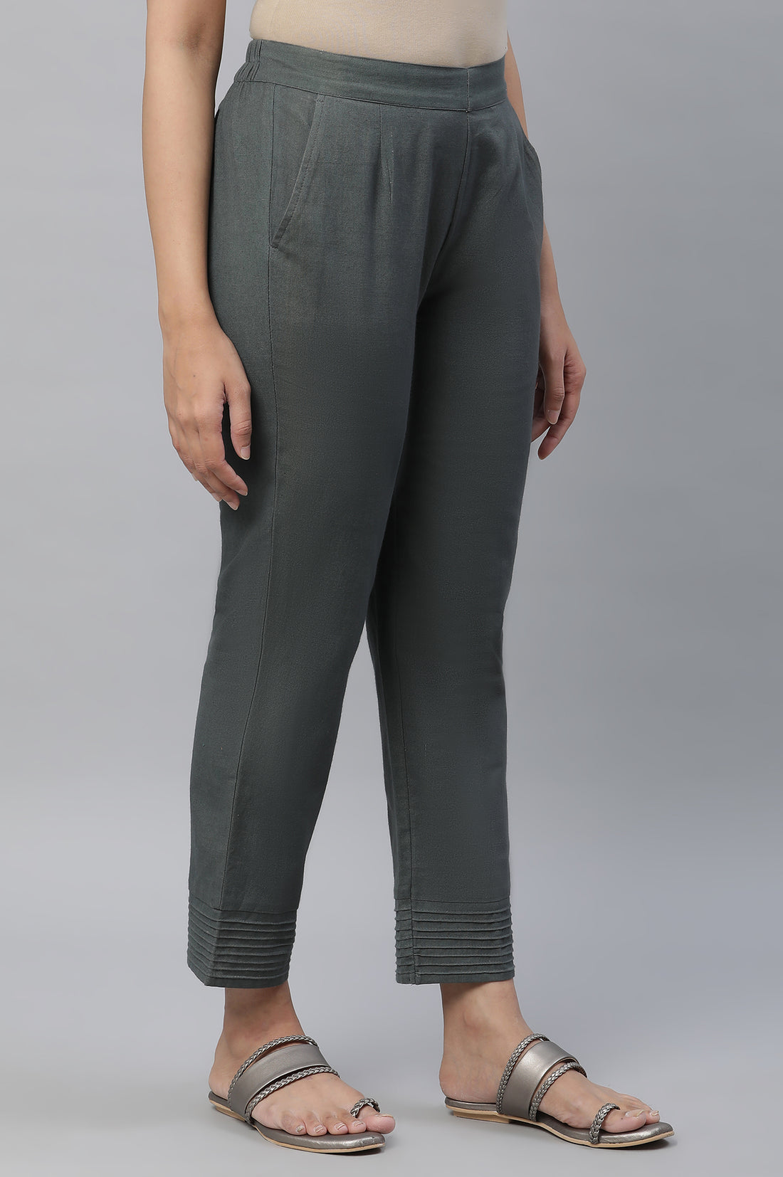 Green Cotton Flax Straight Trouser Pants