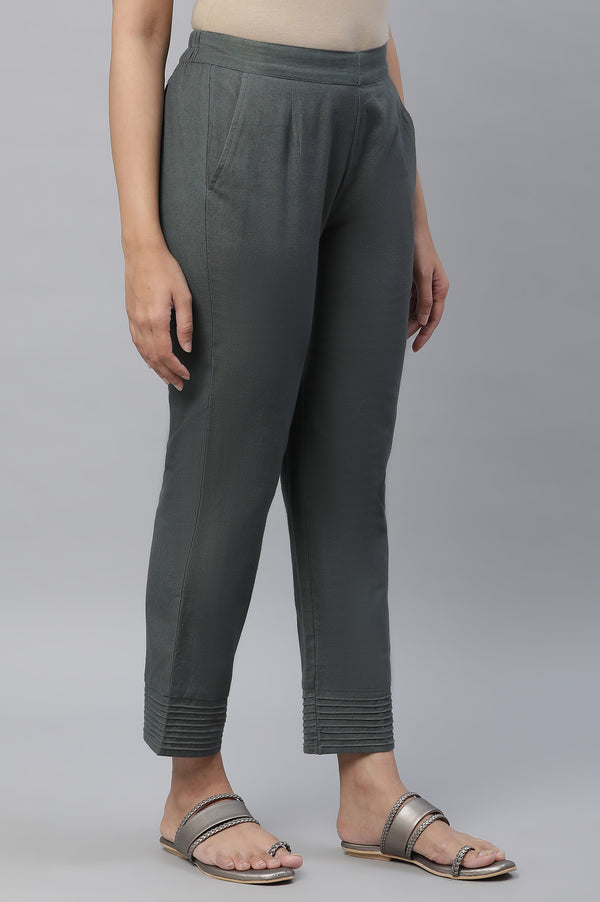 Green Cotton Flax Straight Trouser Pants