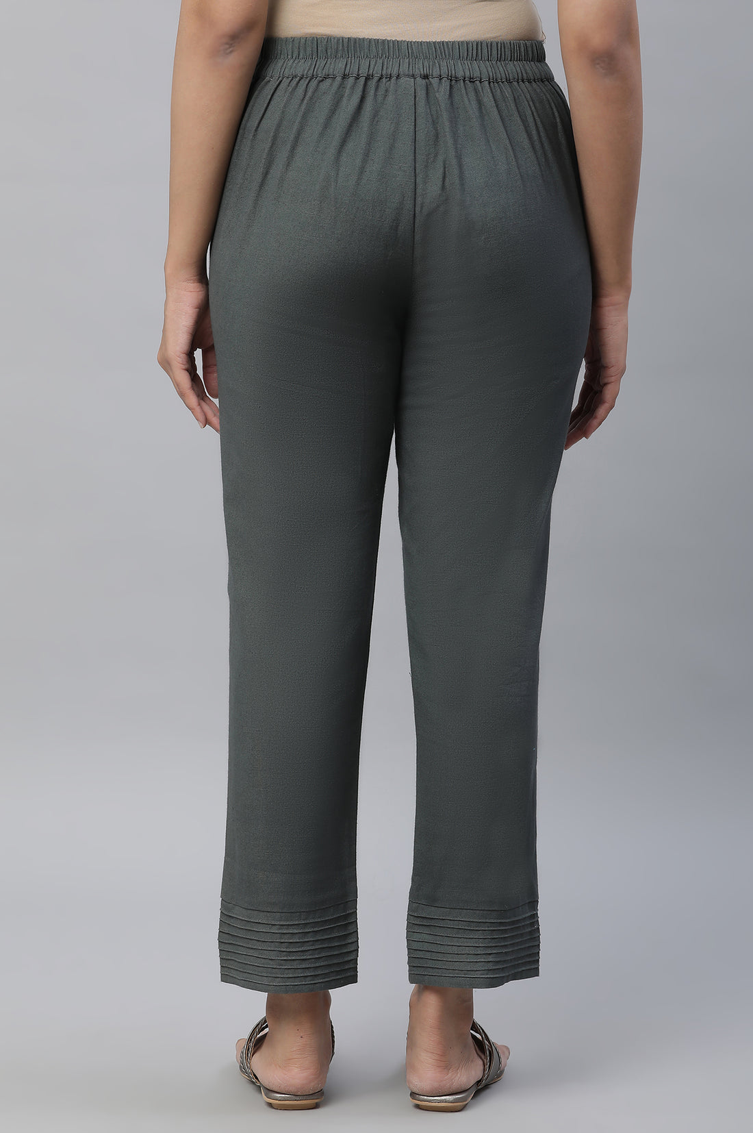 Green Cotton Flax Straight Trouser Pants