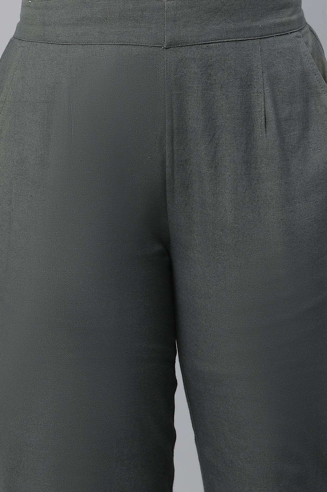 Green Cotton Flax Straight Trouser Pants