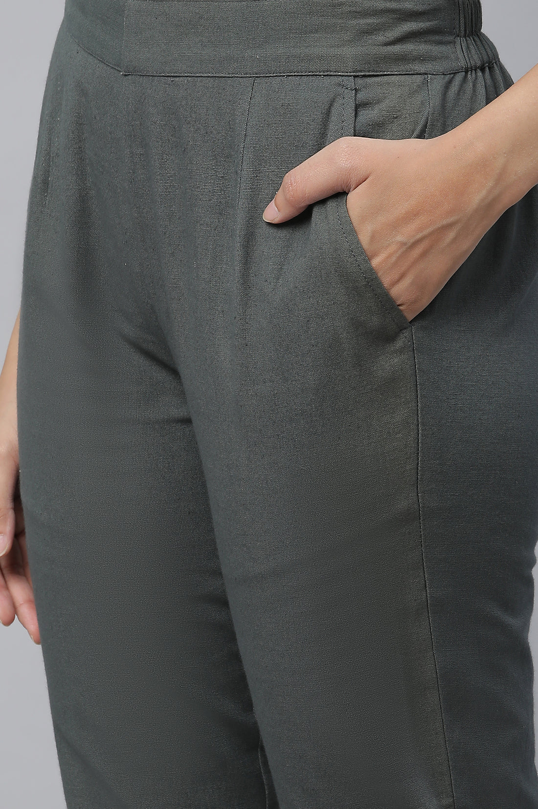Green Cotton Flax Straight Trouser Pants