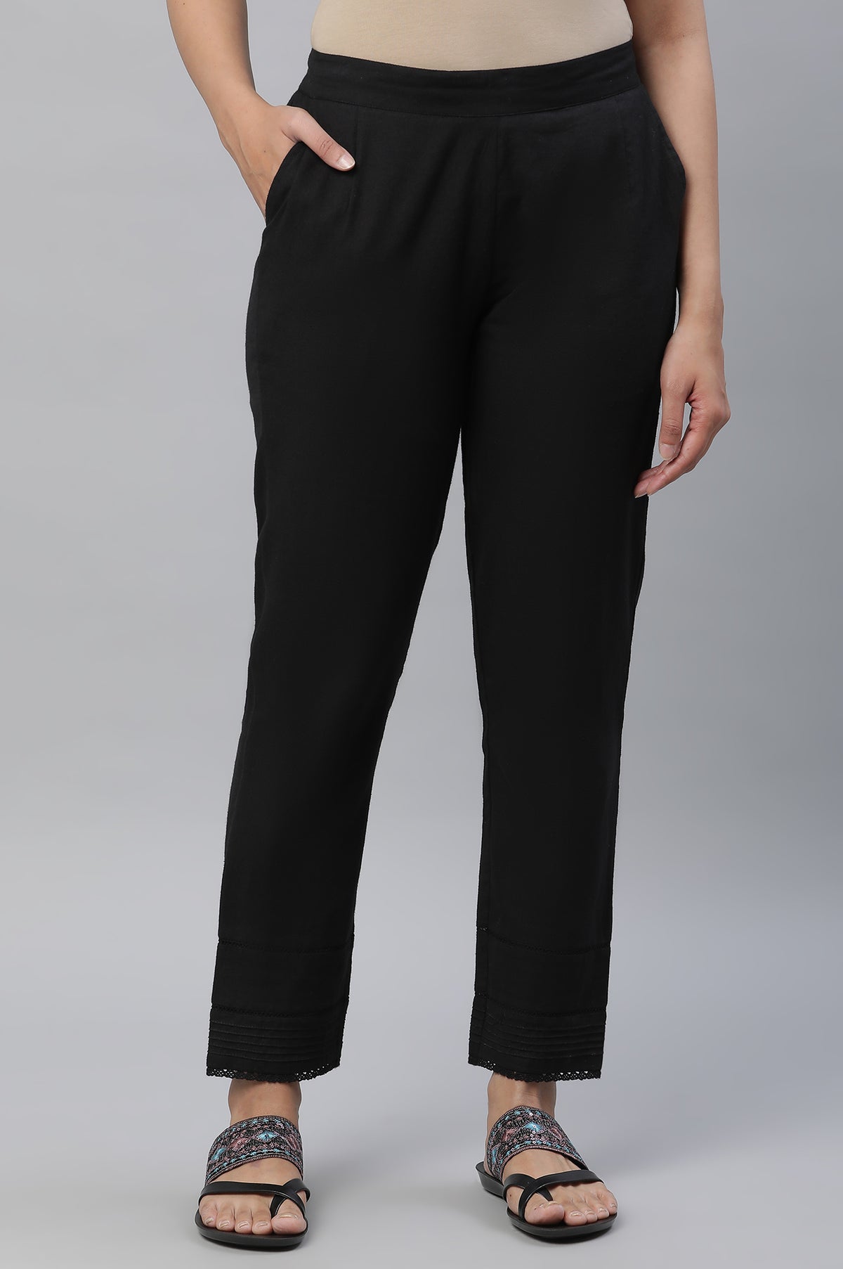 Black Cotton Flax Trousers with Lace Details - S