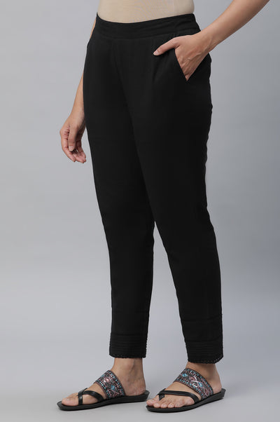 Black Cotton Flax Trousers with Lace Details