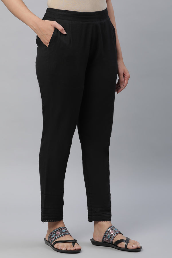 Black Cotton Flax Trousers with Lace Details