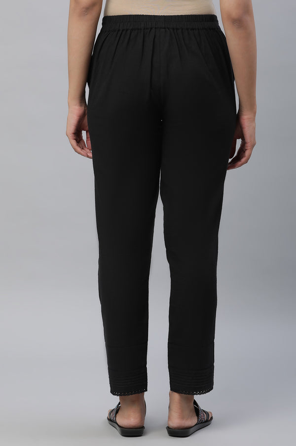Black Cotton Flax Trousers with Lace Details