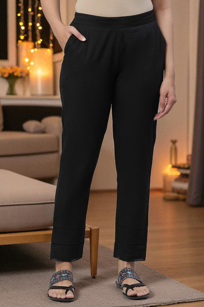 Black Cotton Flax Trousers with Lace Details