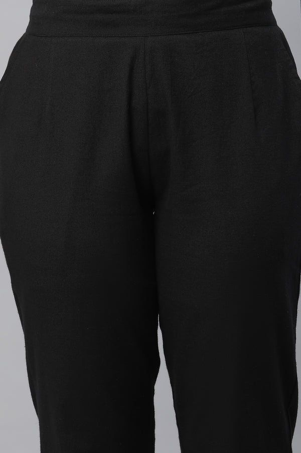 Black Cotton Flax Trousers with Lace Details